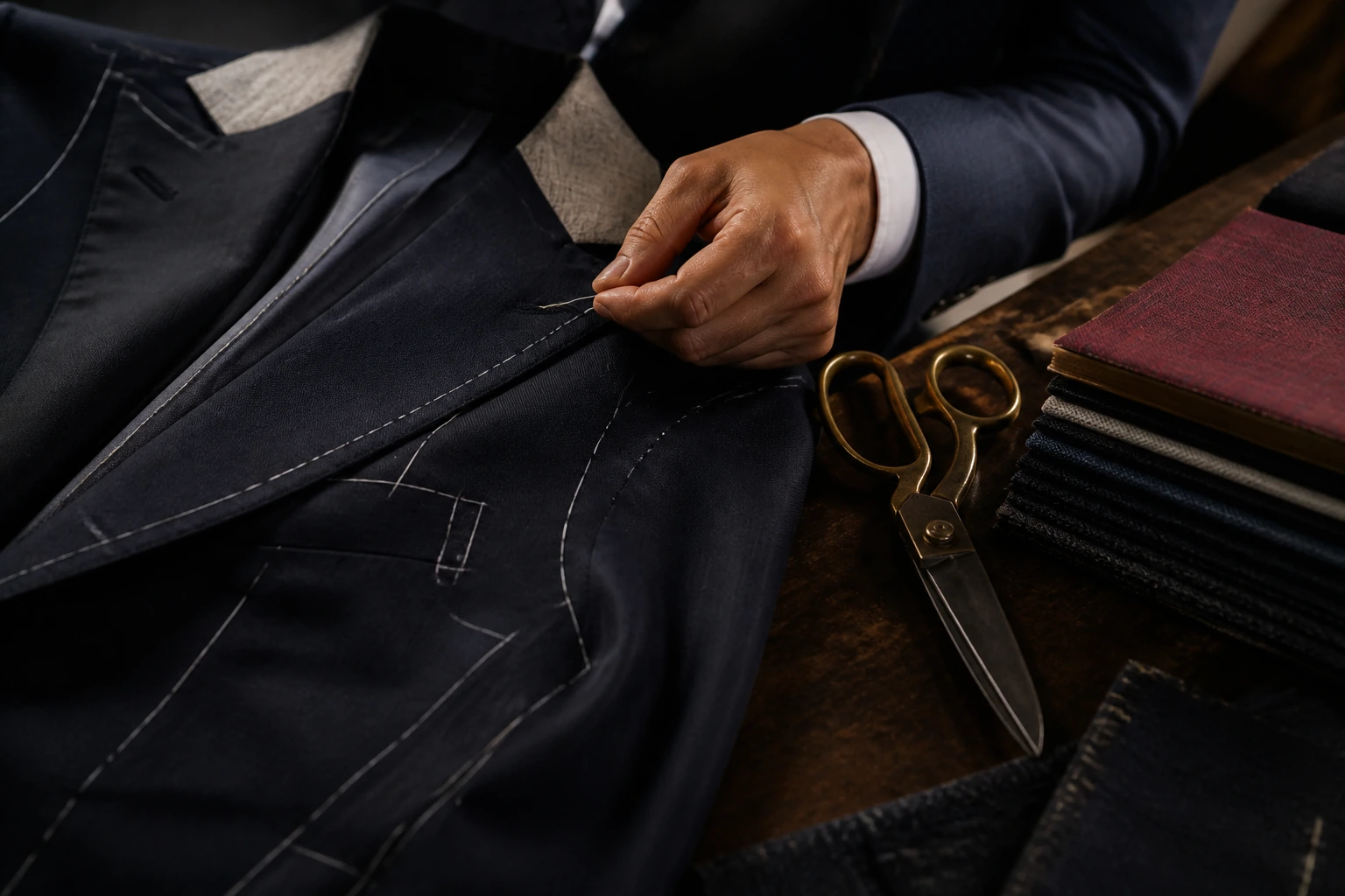 A tailor hand stitching a midnight navy jacket beside brass shears and cloth swatches